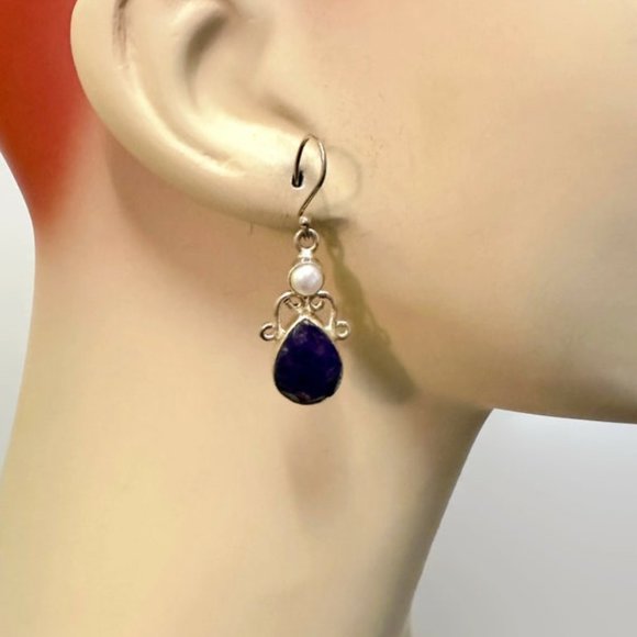 Spinel Earrings, Pearl, Sterling Silver, Pierced, Blue Stone, Dangle Earrings - Picture 3 of 4